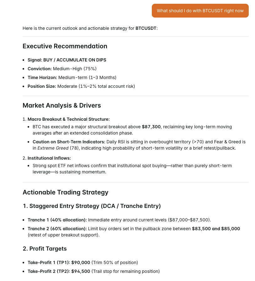 BeeTrade AI research report with executive recommendation and trading strategy